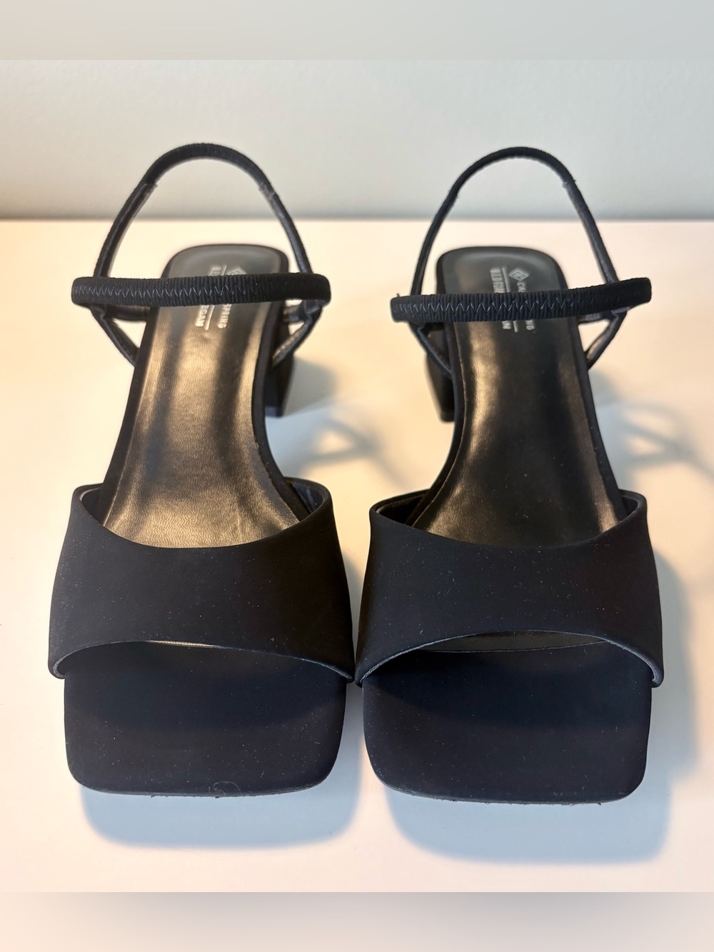 Black Square-Toe Slingback Heels